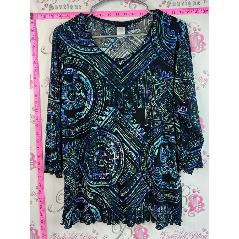 Jostar blouse Aztec Mayan style vintage Black & Teal Patterned V-Neck Top